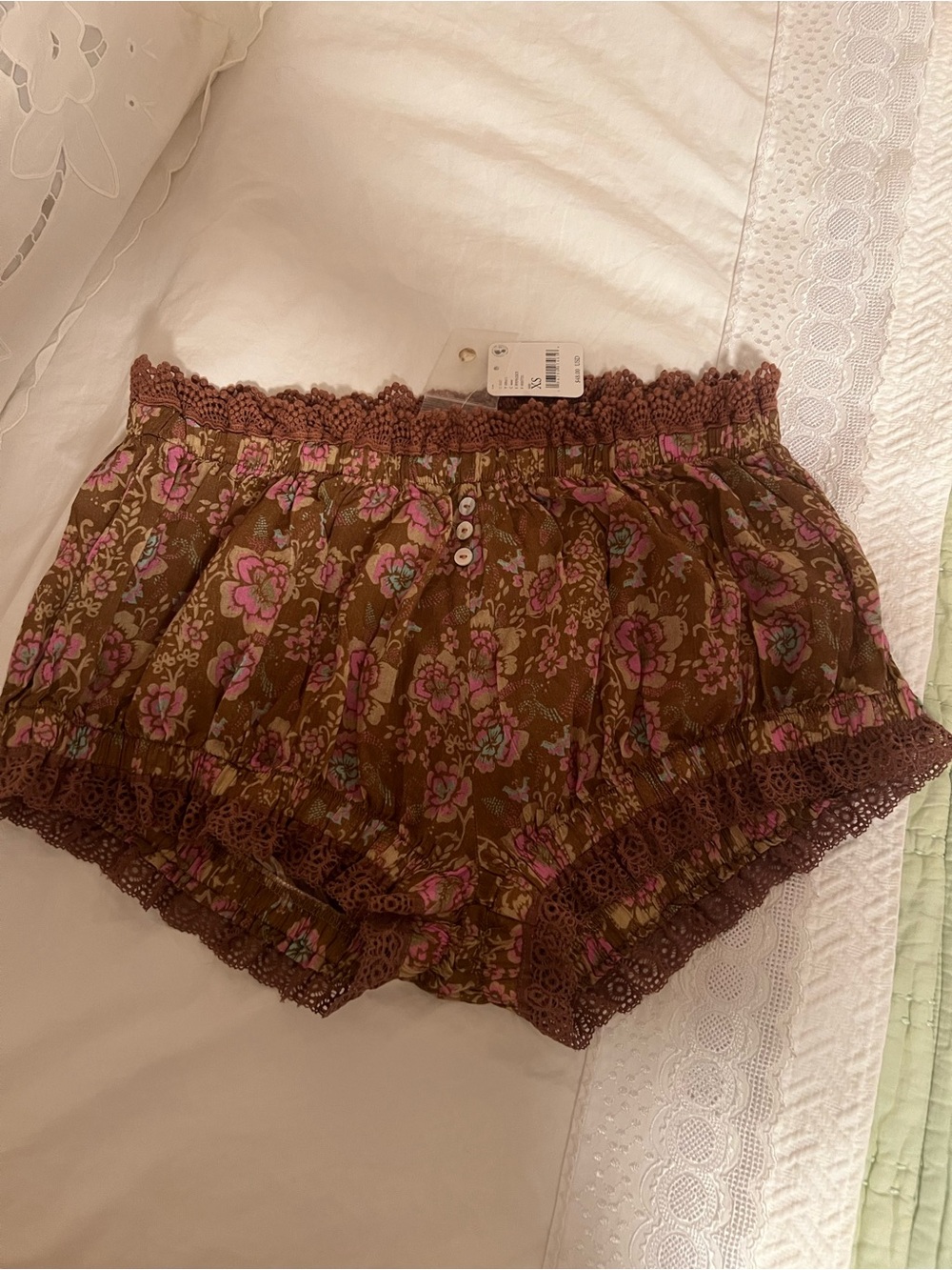 Free People Brown Floral Lace-Trim High Waist Shorts
